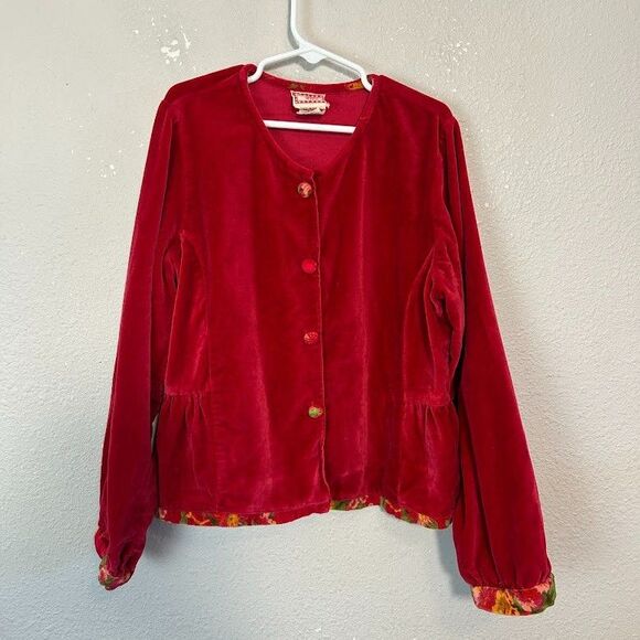 VTG 90s April Cornell Girls Cornelloki Velvet Jacket 9/10 Red Floral Trim - Picture 2 of 9